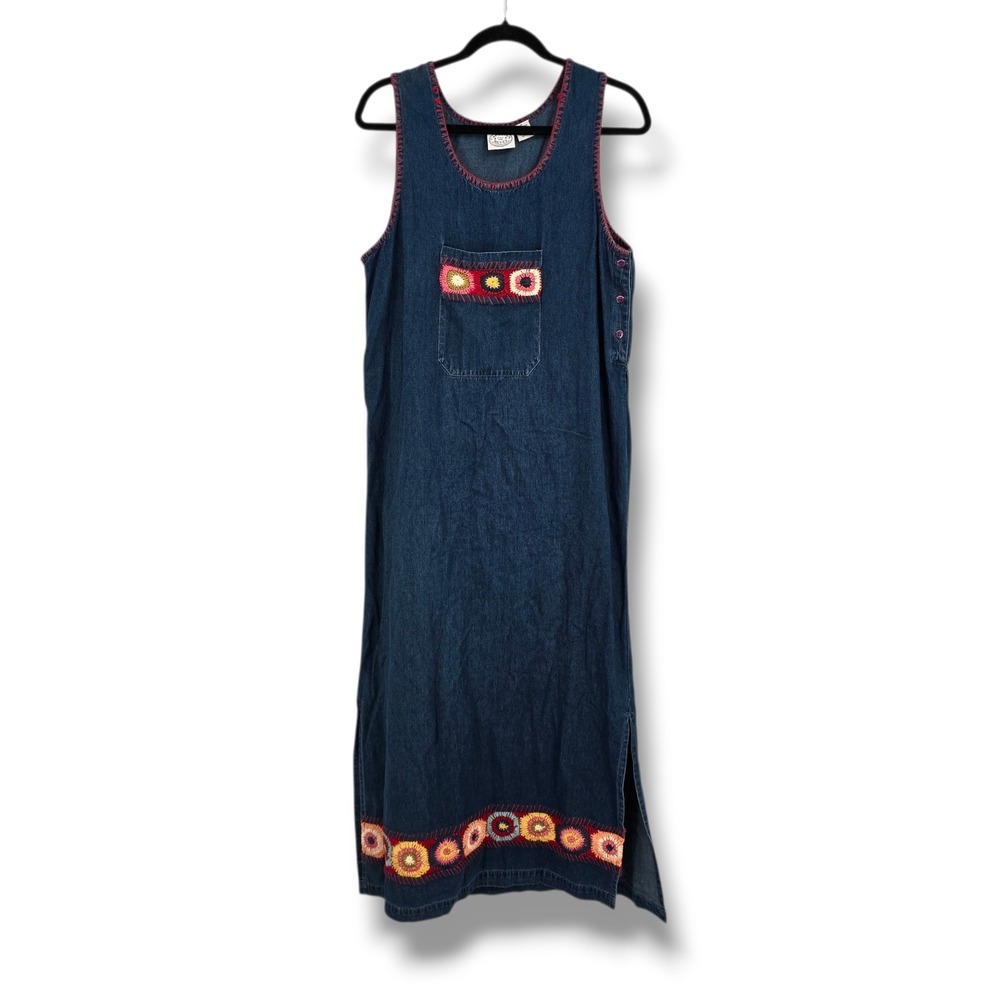 Canyon Blues Vintage Denim Maxi Dress Blue Embroidered Crochet Medallions Boho L
